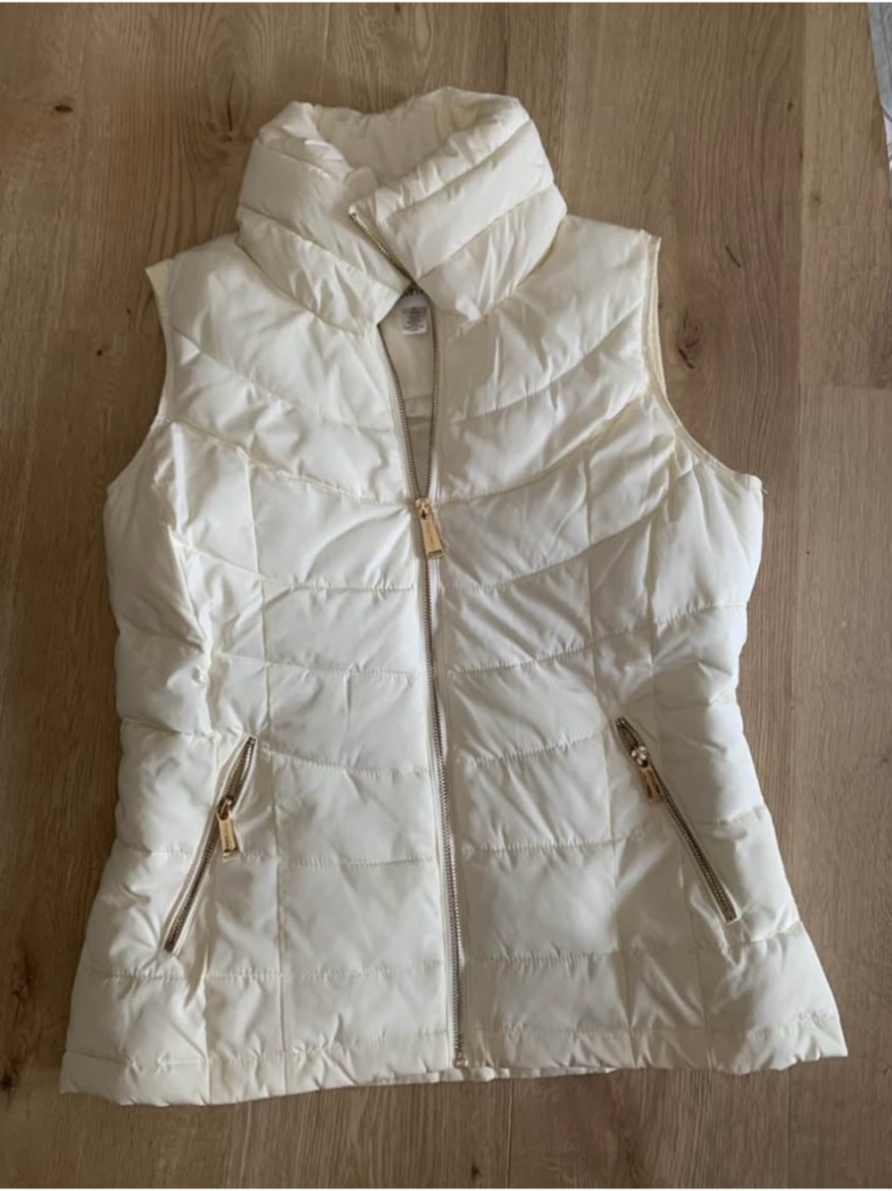 Calvin Klein Cream Quilted Sleeveless Puffer Vest with Gold Zippers